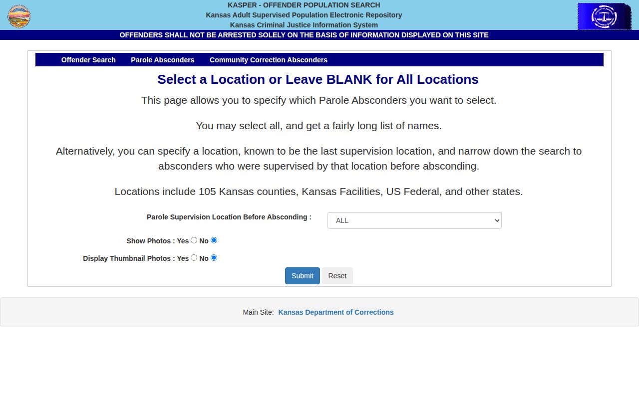Gove County parole absconder search filters