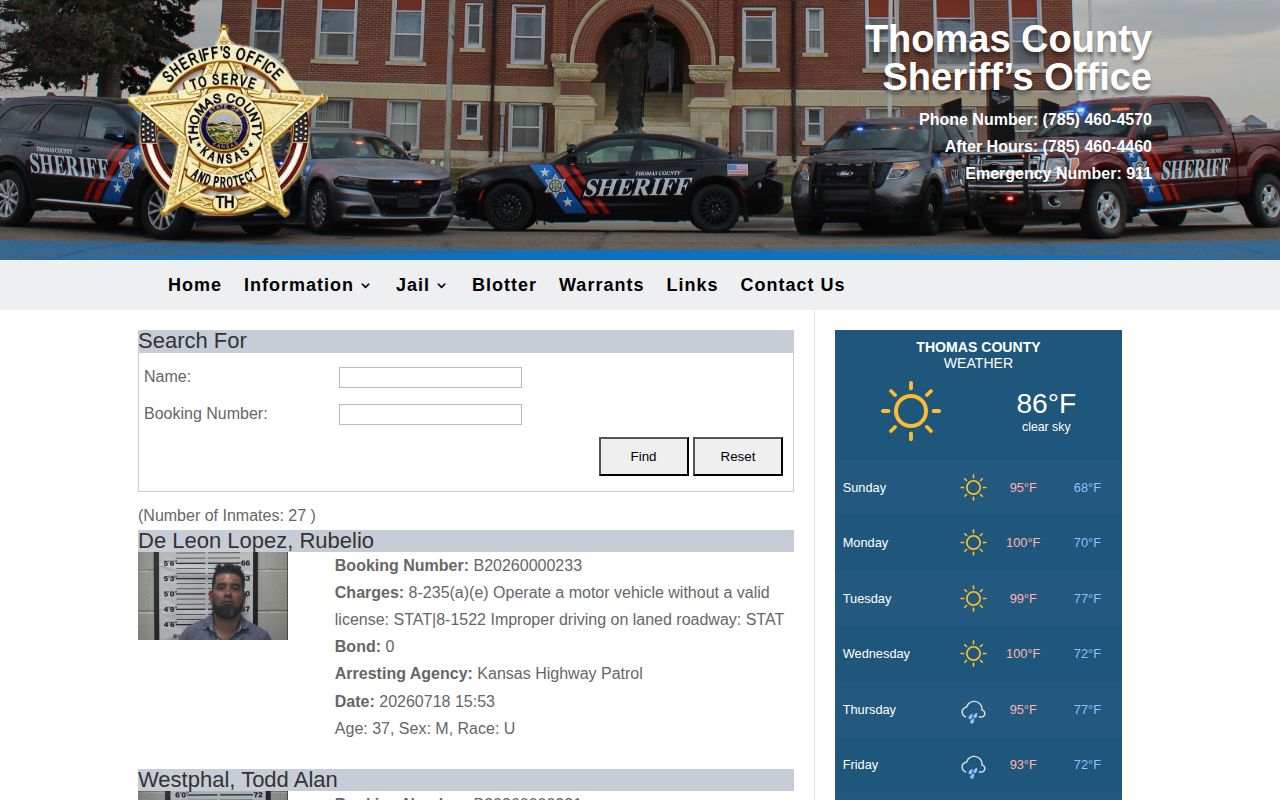 Thomas County Jail roster fields used to verify a Gove County release