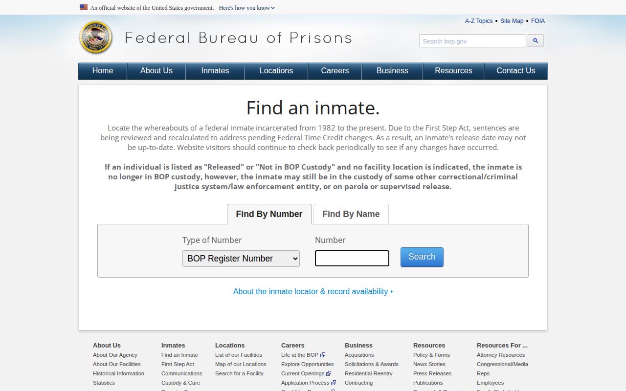 Federal Bureau of Prisons locator for federal inmate release records connected to Gove County